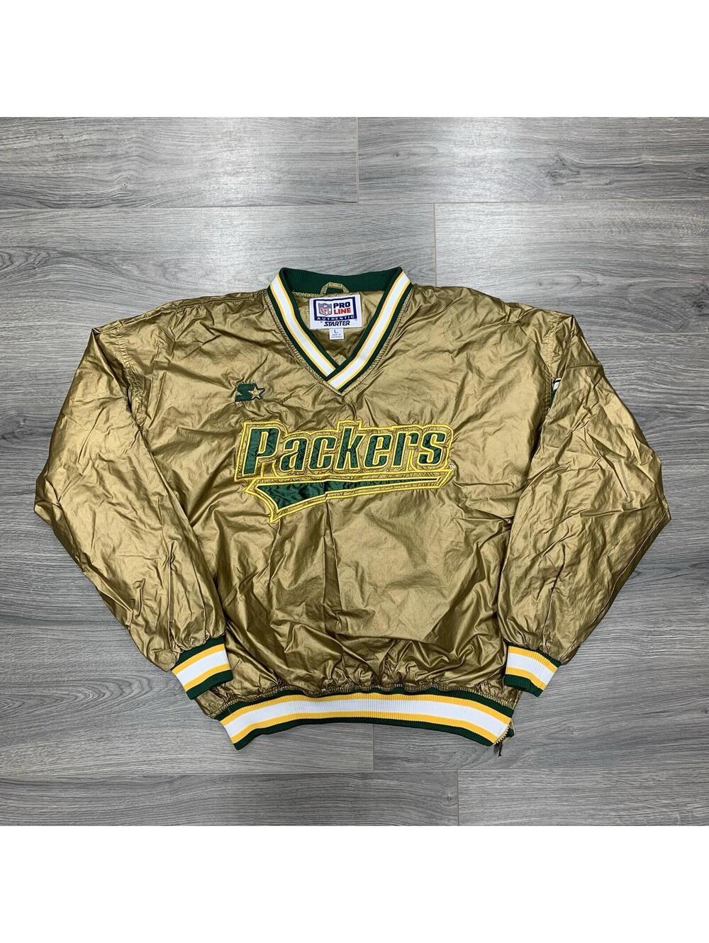 Vintage 90S Starter Green Bay Packers Metallic Gold Windbreaker Jacket Large